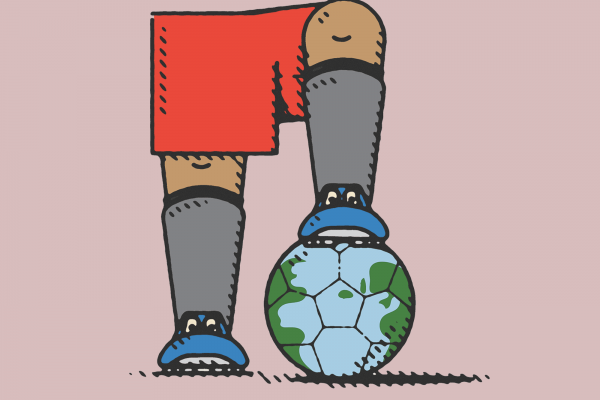 Illustration of a soccer player's foot resting on top of a globe-printed soccer ball
