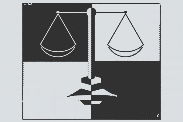 Illustration of justice scales within different squares of a black-and-white checkerboard