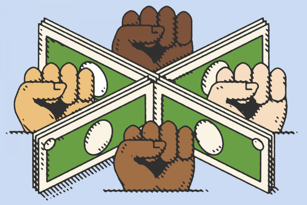 Illustration of fists of different skin colors raised between dollar bills