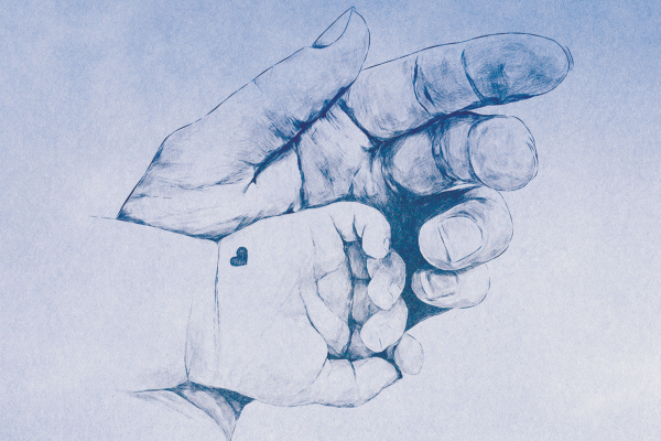 The illustration shows a baby hand on top of a adult hand. The baby hand has a small heart on it. The hands are drawn in blue. Its on a blue background. 