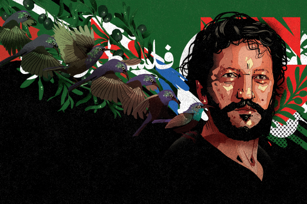 The illustration shows Ali Abu Awwad, with the colors of the Palestinian and Israeli flags in the background, with a row of hummingbirds flying, and leafy branches. 