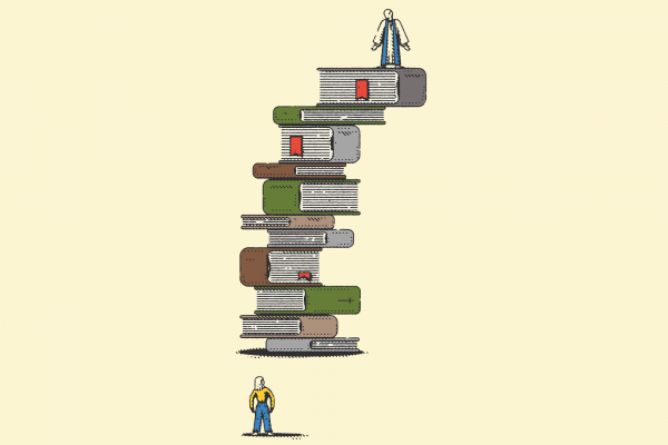 An illustration of a male pastor standing on a tall stack of books, overlooking a female pastor at the bottom.