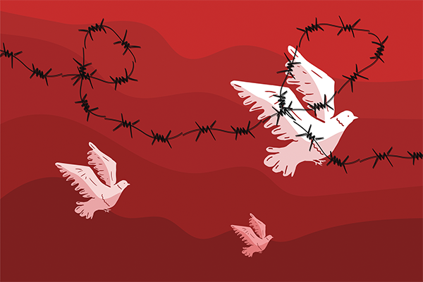 Illustration of three doves flying above a blood-red background with barbed wire.