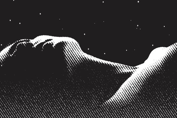 The illustration shows a sleeping person, under the stars. It is in black and white. 