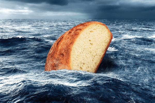 Illustration of a loaf of bread floating sideways in a tempestuous sea