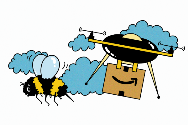 An illustration of a bumble bee flying in the sky next to an Amazon drone carrying a package.