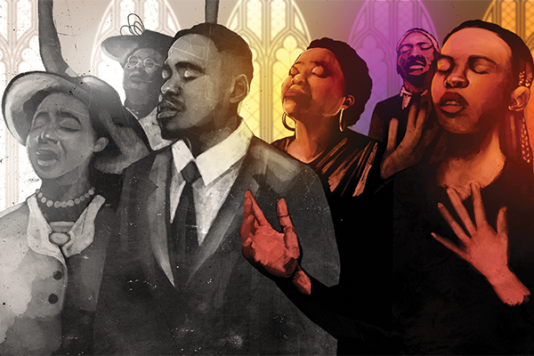Black and white illustration of Black congregation singing, with colorful light coming in through the windows.