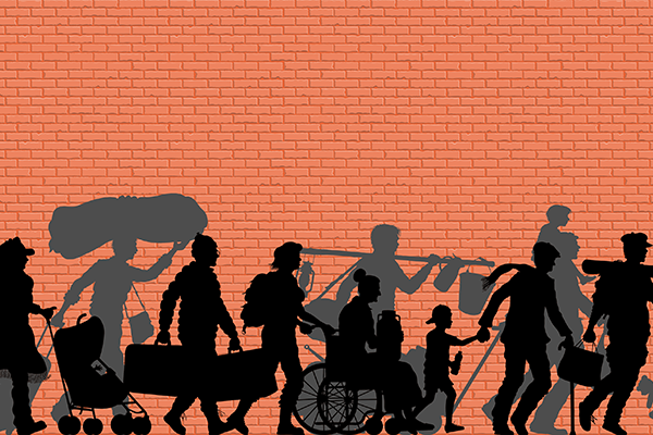 Illustration of shadowed outlines of diverse travelers in front of a red brick wall.