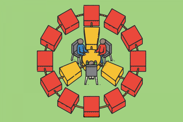 Illustration of connected blocks arranged in a circle that form a negotiating table at the center