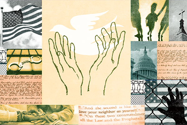 Collage of images: American flag, outreaching hands, shadows of children, capitol building, and hand cuffs.