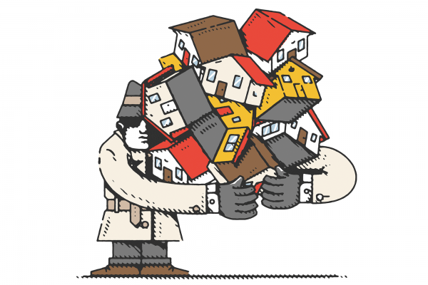 An illustration of an anonymous man in a trench coat holding a bunch of houses in his arms.