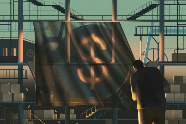 Illustration of an industrial plant with a shadowy figure raising a flag with a money symbol