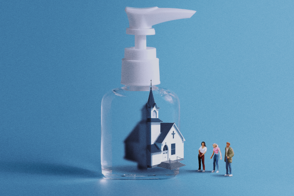 A graphic of a church building inside of a hand sanitizer bottle. There are people outside looking at the building.