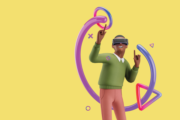 A 3D cartoon illustration of a Black man points to the sky with a smile as he wears a virtual reality headset. He is surrounded by vibrant shapes.