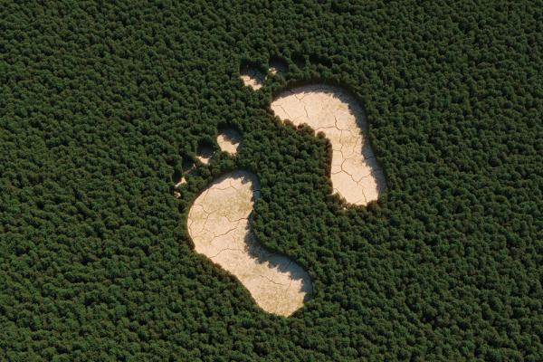 An edited photo of an overhead view of a sprawling green forest with two barren sections in the shape of footprints.
