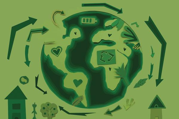 A simplified illustration of the Earth drawn in different shades of green. Hearts are drawn on different continents and arrows circle and surround the globe. Houses and plants are drawn just below the world.