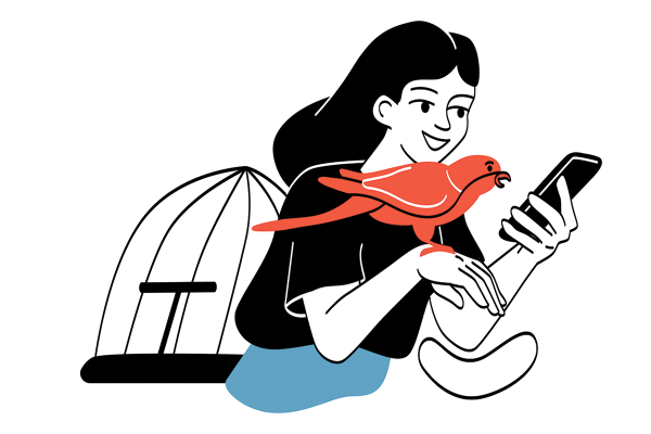 An illustration of a woman with a bird perched on her outstretched hand as she looks at her phone.