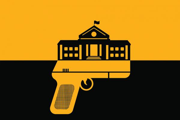 An illustration with a horizontally split background, the upper half in yellow and lower half in black. A yellow pistol is layered over the latter, and a black outline of a school is layered over the former, resting on top of the gun.