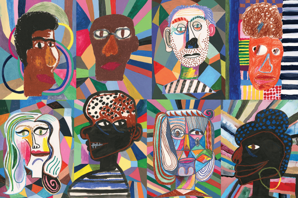 Two rows of four faces are overlaid on geometric backgrounds; illustrated faces are white, orange, medium-brown, and dark brown. Background includes lines and blocks of green, shades of blue, pink, and other bright geometric shapes.