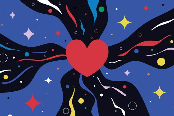 An illustration of a red cartoon heart with black streams flowing from it against a blue backdrop. Diamond-shaped stars and circles in green, red, yellow, and purple sparkle all around the heart.