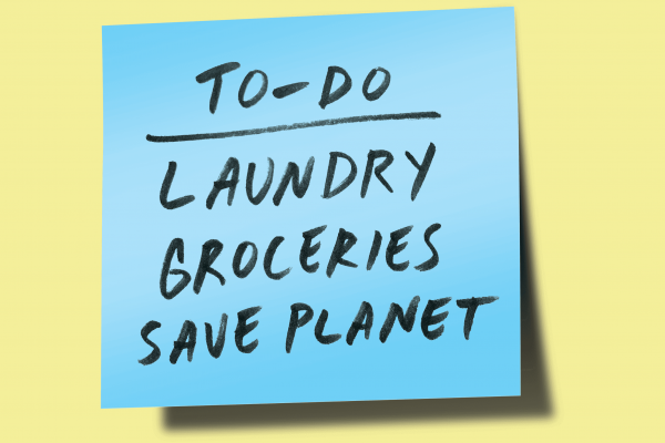 Post-it note that says "To-Do: Laundry, Groceries, Save Planet"