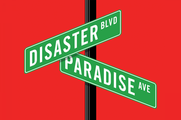 An illustration of two street signs, "Disaster Blvd" and "Paradise Ave"