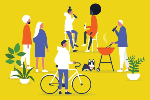 A minimalist cartoon of people at a party. A man and woman stand together to the left next to some plants, a man cooks on a grill to the right, two women sit in chairs while drinking beer in the upper center, and a man holds his bike in the lower center.