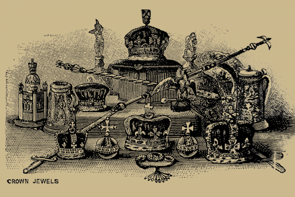A black-and-white illustration of crowns, swords, and globus cruciger laid out on a table.