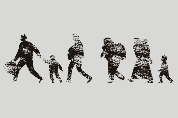 Faded silhouetted illustrations of people against a gray backdrop, who are walking with children and bags in hand.