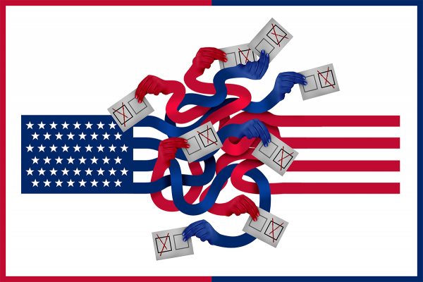 An American flag with blue and red lines in the shape of arms, tangled together with hands holding voter ballots.
