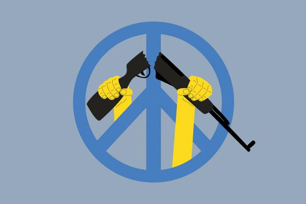 An illustration of a blue peace symbol with two yellow hands raised to the sky in the center, which are each holding both halves of a broken rifle.