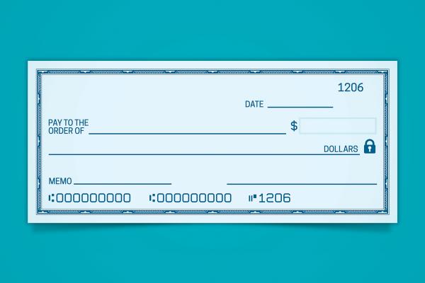 A realistic illustration of a pale blue blank check set on top of a teal background.