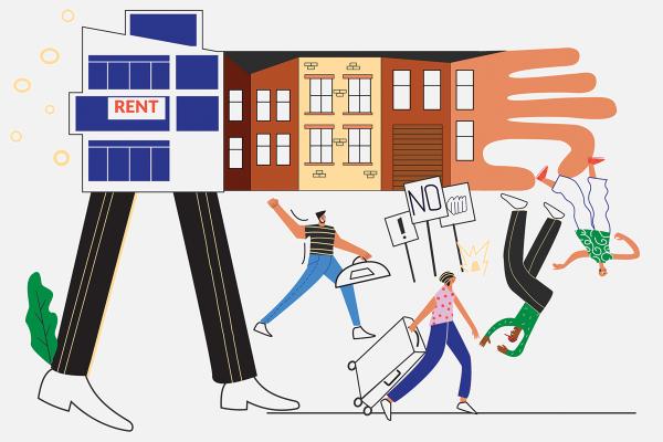 A cartoon illustration of a rowhome building with legs, representing rental enterprises. It has a hand attached from the side that grabs people. Other people are walking away with luggage in hand.