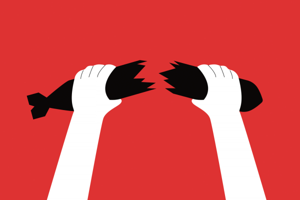 An illustration with a red backdrop of two hands wrapped around a nuclear missile that's been broken in half.