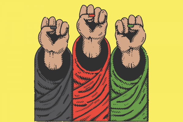 Illustration of three raised fists emerging from shirt sleeves in the colors of the flag of Afghanistan