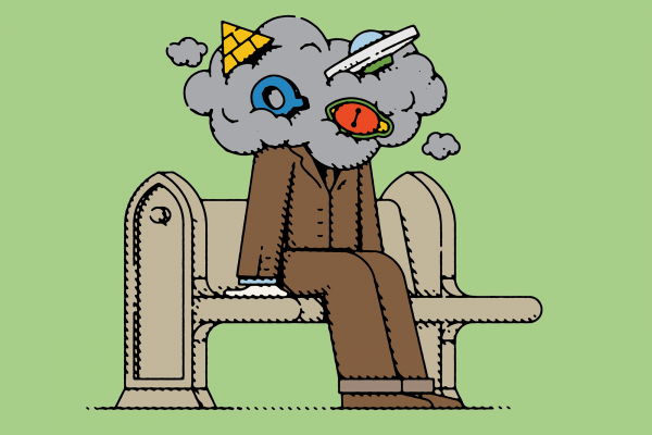 Illustration of a person sitting on a pew with a cloud around their head with Q and other conspiracy symbols