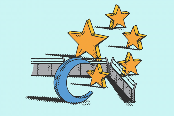 Illustration of the Islamic crescent and stars separated by a barbed wire fence