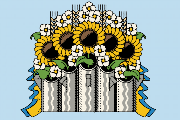 Illustration of sunflowers growing out of gun barrels surrounded by blue and yellow