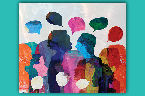 Illustration of multiple layered, colorful profiles of people talking to each other with text bubbles floating through the air.