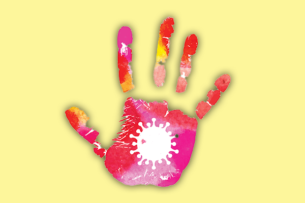 Illustration of handprint with coronavirus in the middle of the palm.