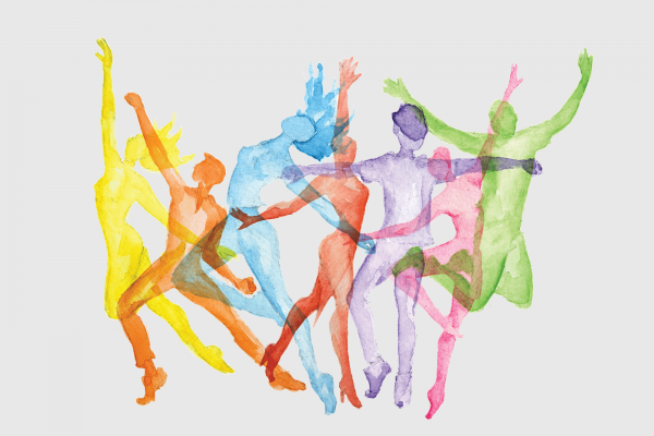 The illustration shows a group of colorful bodies dancing. 