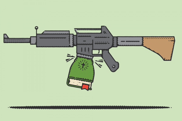 Illustration of a Bible replacing the magazine of an assault rifle