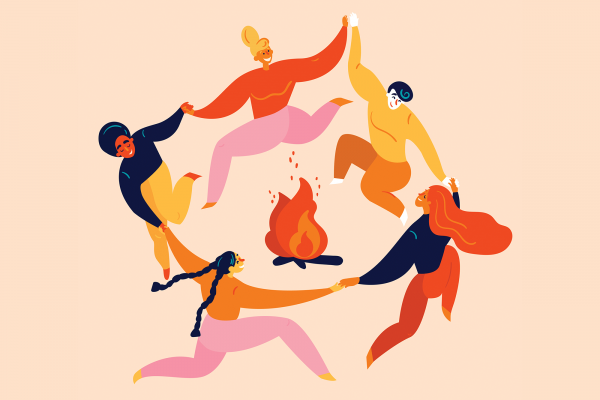 The illustration is of a group of people dancing around a campfire. 