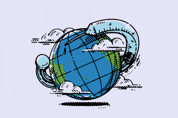 Illustration of a globe with a vaccine vial wrapped around it.