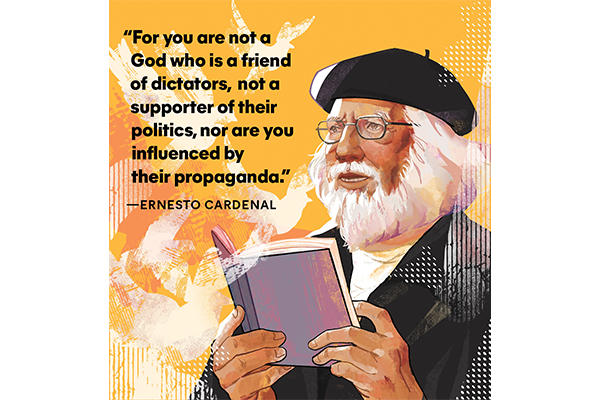 Illustration of Ernesto Cardenal wearing a beret and holding up a book.