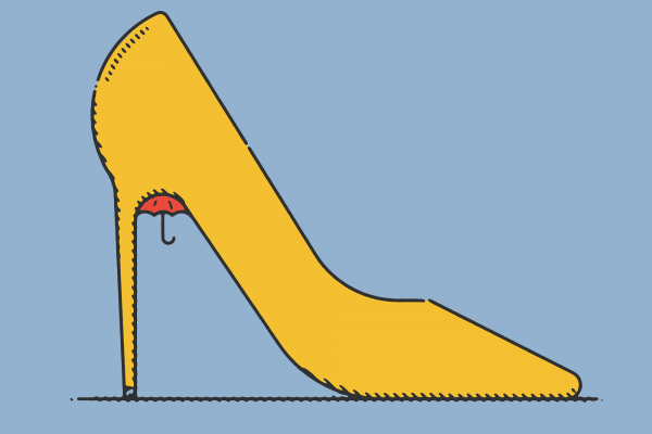 Illustration of a small red umbrella in the arch of a yellow stiletto