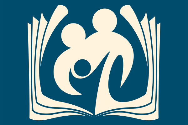 The image shows an abstraction of two adult shapes holding a smaller child shape, overlayed on an open book. 