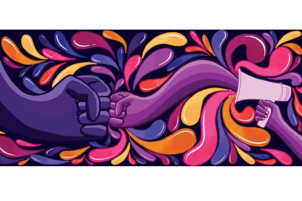 Illustration of a groovy fist emerging from a megaphone to bump another fist