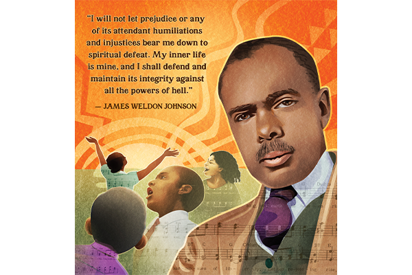 Illustration of James Weldon Johnson in front of a field of children playing.