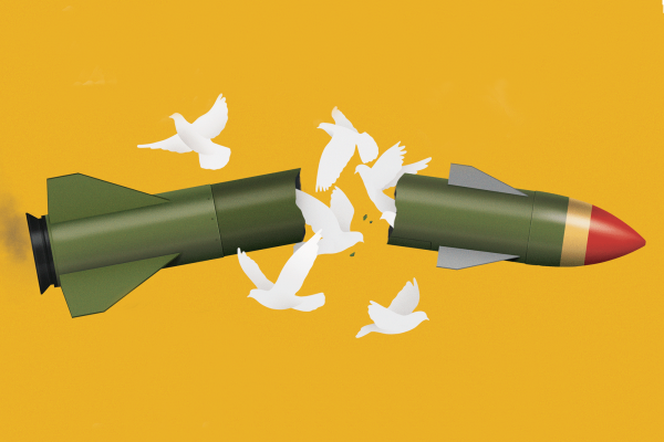 The illustration shows a rocket broken apart, with peace doves coming out of the center. It is on a yellow background. 